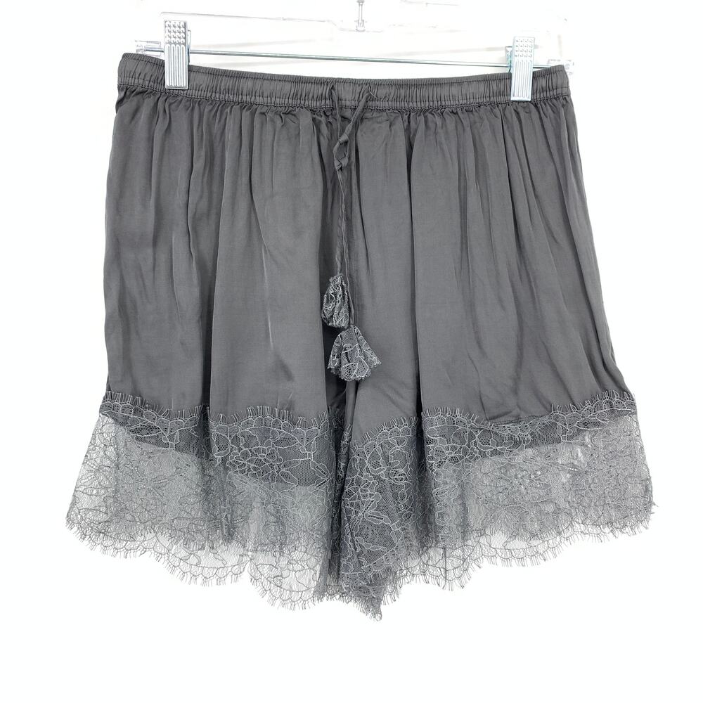 By Anthropologie Satin + Lace Pajama Set Cropped Top W/Shorts Gray Size Medium - Picture 2 of 13